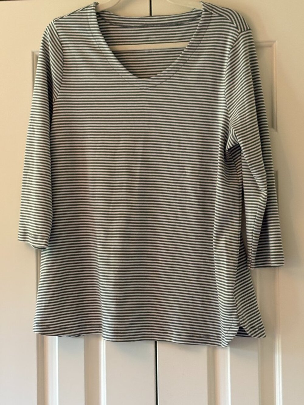 J. Jill  Olive Green & White Striped  Pima Cotton Tee Sz L